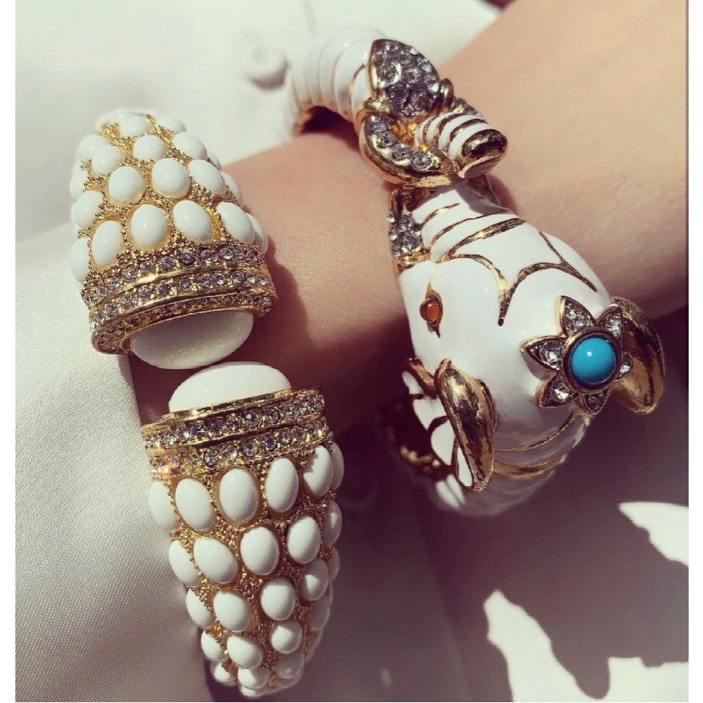 ‼️OFFERS gold cuff bracelet white acrylic inset beads diamond cz crystal accent